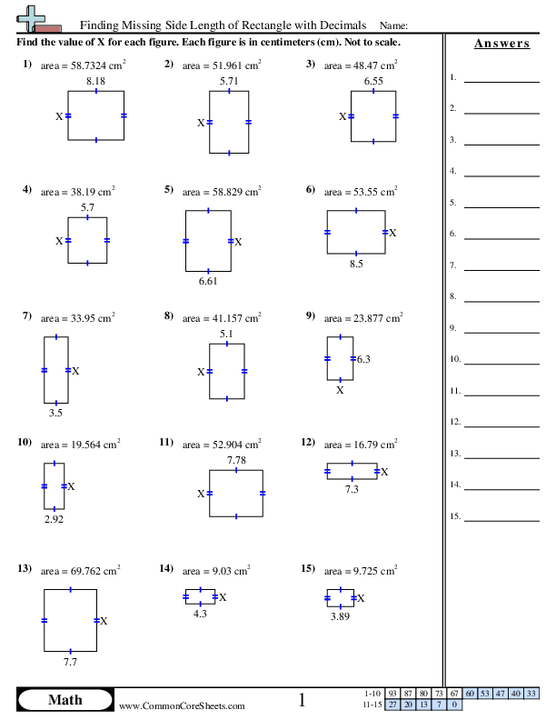 Area & Perimeter Worksheets - Finding Missing Side Length of Rectangle with Decimals worksheet